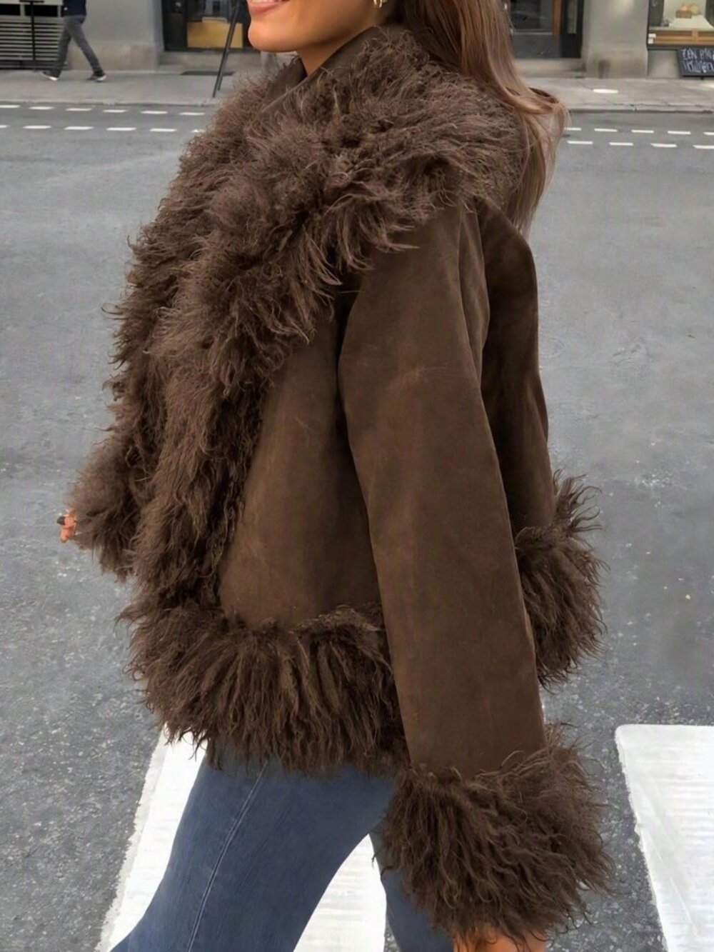 Coffee Brown Casual Women's Faux Suede Short Jacket